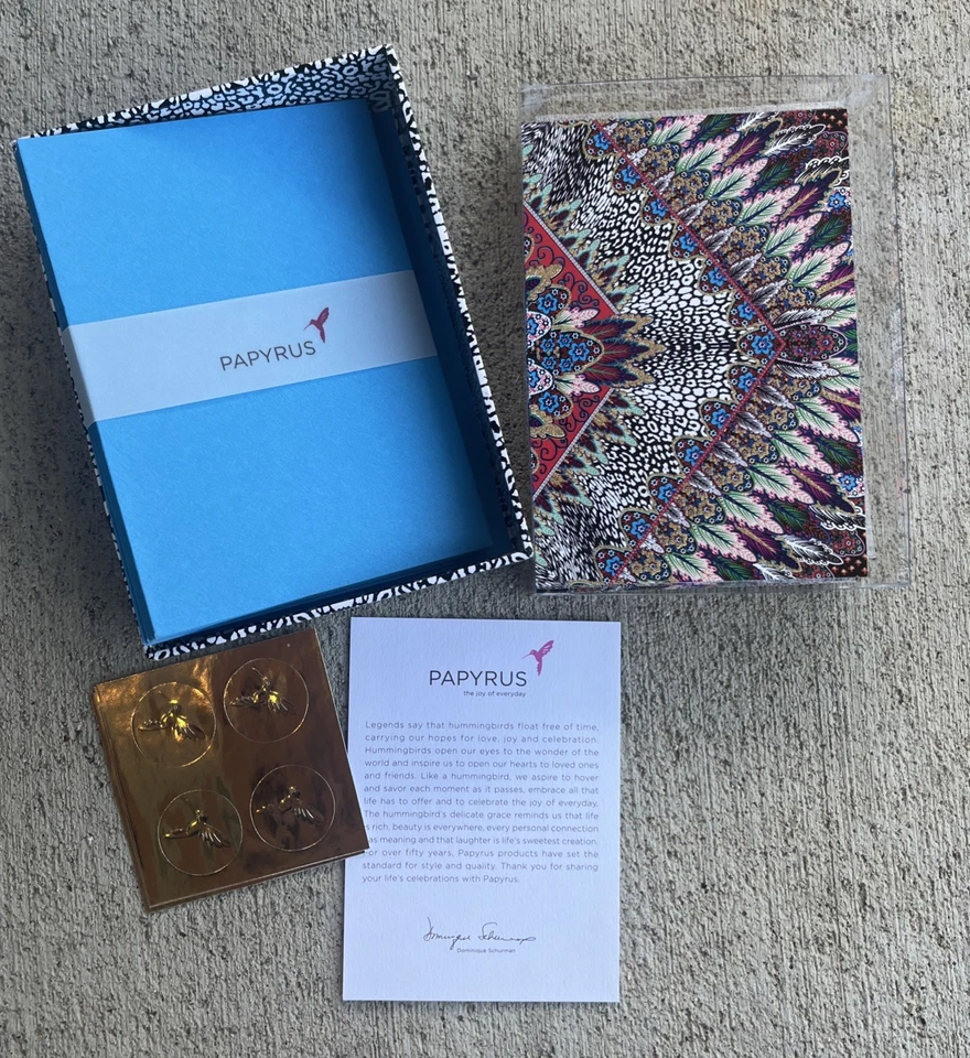 Papyrus 12 Glitter Note Cards w Lined Envelopes Gold Seals Animal Print Feathers - Image 1 of 4