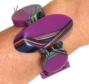 Sobral Retroz Astrella Purple &Art Deco Stripes Artist Made Stretch Bracelet - Picture 1 of 7