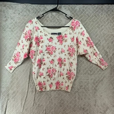 Joyce Leslie Womens L Sweater White Floral Rose Cropped Half Dolman Sleeve — 第 1/4 张图片