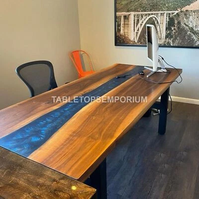 River Resin Dining Table Acacia Wooden Transparent Epoxy River Mappa Burl... - Image 1 of 4