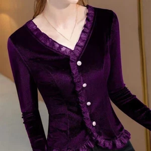 Ladies Velvet Ruffle Shirt V Neck Thermal Button Long Sleeve Elegant Blouse Top - Picture 1 of 13