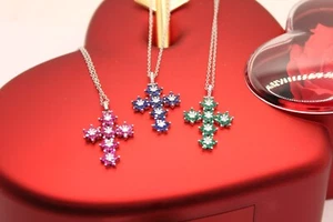 CROCE ARGENTO DONNA INCASTRO FIORE ZIRCONI COLORATI MM 20X27 MM 2 EXPLOIT - Picture 1 of 21