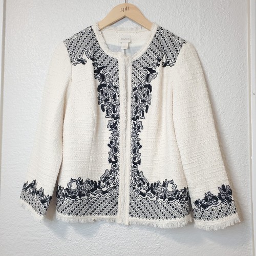 OFF WHITE Giacca Chico's 1 cotone aperto davanti tweed frange perline manica lunga bianco sporco