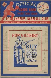 1942 Oakland Oaks @ Los Angeles Angels PCL Scorecard 8 Autogramme - Bild 1 von 4