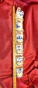 Vintage...Six Hand Painted Porcelain Delft Blue Egg Cups With Wood Display - Picture 1 of 7