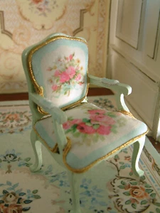 1:12 Beautiful Victorian Rose Floral Mint Ivory Miniature Dollhouse Wooden Chair - Picture 1 of 6