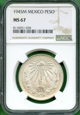 MÉXICO 1945M PESO NGC MS 67 PLATA ALTA CALIFICACIÓN Foto 1 de 2