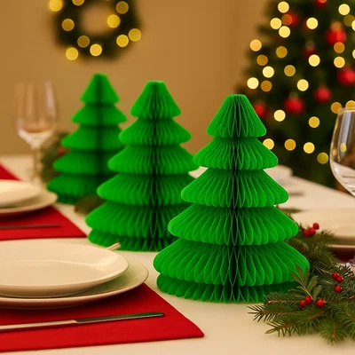 FESTIVE WONDERLAND 3 x Large Christmas Tree 20cm Green Honeycomb Paper Tablescape Table Decoration