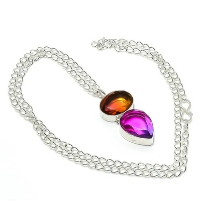 Collana In Argento Sterling 925 Con Gemma Di Rubillite Rosa E Citrino 18" - Immagine 1 di 4