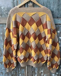Vintage Soft Wool Hand Knit 3D Trellis Slouchy Jumper Caramel/Orange/Yellow SML - Picture 1 of 13