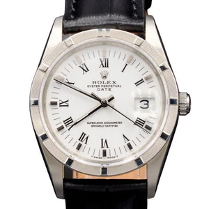 Mens Rolex Date Stainless Steel Watch White Roman Dial Black Band Strap 15210 - Picture 1 of 8