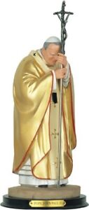 12"H Pope John Paul II with Papal Ferula Crucifix in Gold Holy Figurine