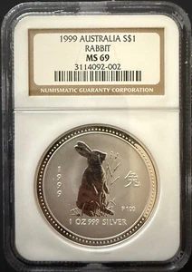 1999 Australia 1 OZ Lunar Rabbit Fine Silver Coin NGC MS 69 MINT - Picture 1 of 4