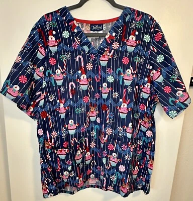 Tafford Scrub Top Christmas Santa Reindeers Snowman Cupcake Candy Cane Navy Lg - Image 1 of 4