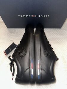 TOMMY HILFIGER Men's Corporate Logo Leather Court Trainers Black UK10.5  Eur45