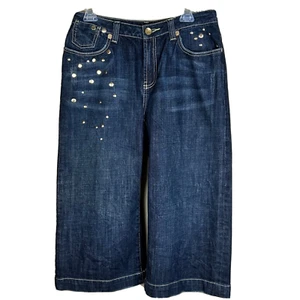 Seven7 Cropped Jeans Women 14 Limited Edition Blue Raw Hems Studded Wide Leg - Picture 1 of 15