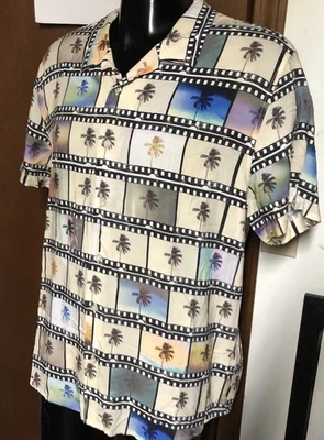 GUESS пальма дерево Алоха кино фильм катушка серфер рубашка мужская XL Hollywood California - Изображение 1 из 4