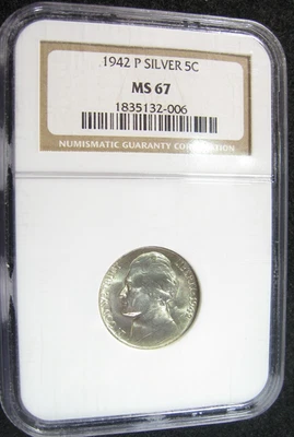 1942 P JEFFERSON NICKEL -  5c - NGC MS67 - SILVER - War Nickel - Image 1 of 2