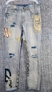 Smoke Rise Slim Tapered Fit Jeans Men Light Washed Distressed  Graphics Patch - Picture 1 of 15