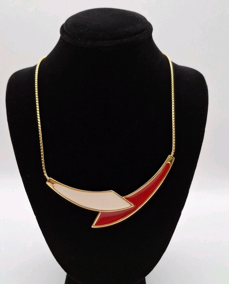 Vintage Monet Necklace Red Cream Classic 80's Gold Collar Geometric Bar 16" Foto 1 de 1