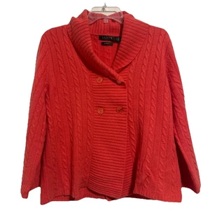 Lauren Ralph Lauren Cashmere Cable Knit Bright Coral Shawl Collar Cardigan Sz XL - Picture 1 of 12