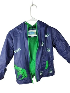 Boys T rex raincoat clock wise 4T blue green preowned outer water proof pockets  - Picture 1 of 6