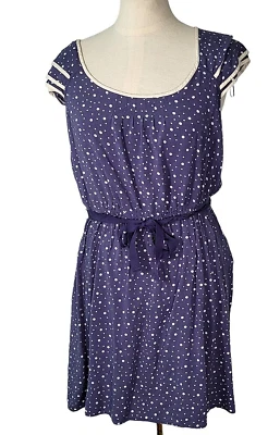 Elle Dress Size Medium Polka Dot Elastic Waist Belt Cap Sleeve Blue White - Image 1 of 4