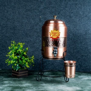 Indian Half Hammered Copper Water Dispenser Matka Vessels Container Pot Gift - Picture 1 of 5