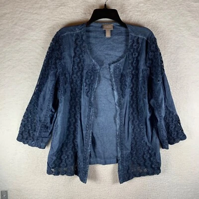 Chico's Women's 3/4 Sleeve Blue Cotton Open Front Crochet Cardigan Jacket Size 2 - Image 1 of 4