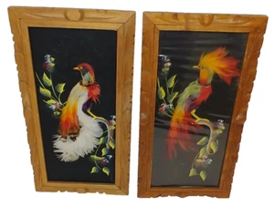 Par de marcos de madera tallados en pájaros arte popular plumas mexicano vintage - Imagen 1 de 6