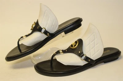 Sandalias Michael Kors Mujer Talla 9.5 M Cuero Negro Dorado Logo Tanga Zapatos Planos Foto 1 de 4