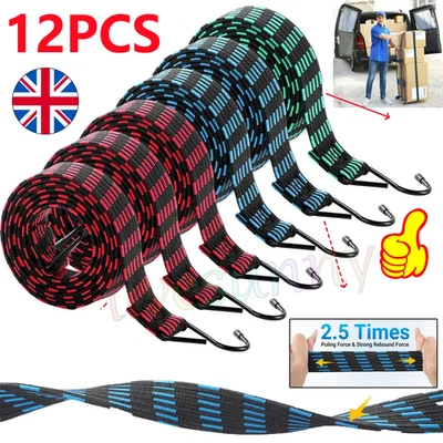 12 BUNGEE STRAPS CORDS SET WITH HOOKS ELASTICATED ROPE CORD CAR VAN BIKE LUGGAGE - Image 1 of 4
