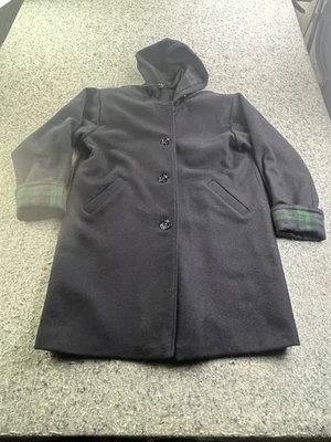 Женское маленькое синее шерстяное пальто с капюшоном Michael Lewis клетчатый капюшон/манжета 1990-е США - Изображение 1 из 4