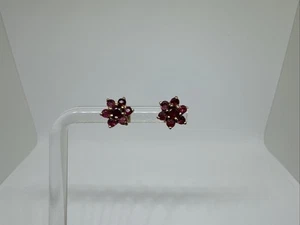 10K Yellow Gold Flower Ruby Stud Earrings 10k Yellow Gold Studs Minimalist Studs - Picture 1 of 13
