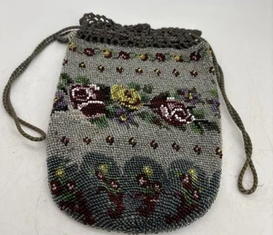 Vintage Micro Beaded Floral Pouch Crochet Trim Cord Drawstring Seed Beads Roses - Picture 1 of 7