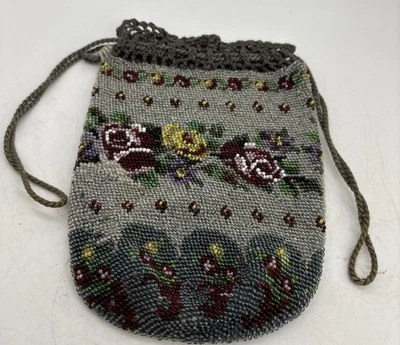 Vintage Micro Beaded Floral Pouch Crochet Trim Cord Drawstring Seed Beads Roses - Image 1 of 4