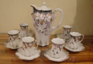 Choclate Pot Porcelain R S Prussia w Cups & Saucers (6) Floral Gold Details VTG - Picture 1 of 13