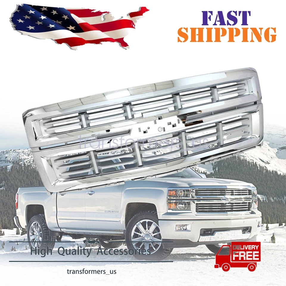 Parrilla delantera cromada con malla plateada para Chevrolet Silverado 1500 2014-15 Foto 1 de 4