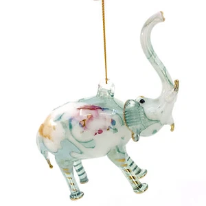 Elephant Ornament – Hand Blown Egyptian Glass Fire Painted Marbled Design, Green - Picture 1 of 4