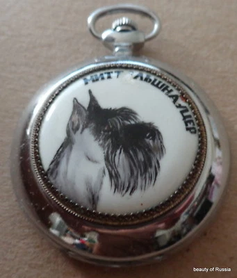 RELOJ BOLSILLO RUSO PERRO Schnauzer esmaltado pintado a mano Foto 1 de 3