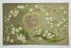 Vintage Postcard, A Loving Thought, Golden Color Hearts, White Flowers, Embossed