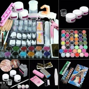 US - Pro Acrylic Nail Art Tools Kit Powder Nail Sticker DIY Pump Nail Brush Set/