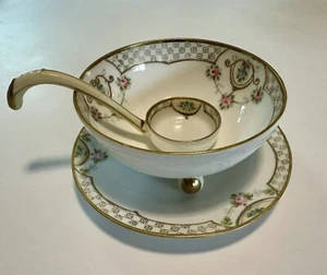 NIPPON Hand Painted Footed CONDIMENT BOWL w LADLE SPOON & Underplate - Picture 1 of 11