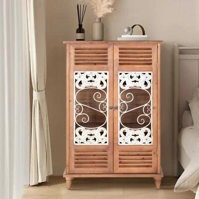 Vintage Accent Storage Display Cabinet with Hollow Carved Door Rustic Farmhouse - Image 1 of 4