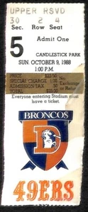 1988 Denver Broncos @ San Francisco 49ers Ticket 10/9/1988 Montana Elway - Picture 1 of 2