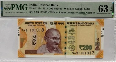 India 2017 200 Rupias Pick 113a PMG 63 EPQ Elección UNC, Serie 5AS 131313 V Bonito Foto 1 de 3