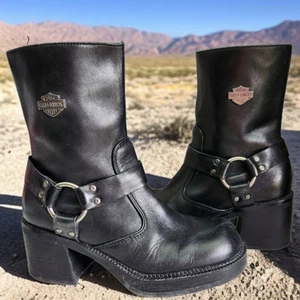 Harley Davidson Pavement Harness Boots Womens 6 Black Leather Motorcycle Biker - Picture 1 of 12