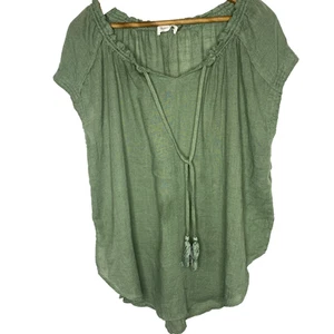 Anthropologie Mustard Seed Womens Blouse Green Boho Scoop Neck Tassel Tie Sz M - Picture 1 of 7