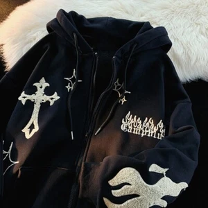 Oversized Hoodies Retro Hip Hop Jacket Gothic Embroidery Zip Up Sweatshirt - Picture 1 of 21