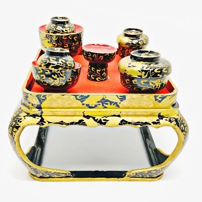 Juego de mesa miniatura bandeja tazón muñeca Hina japonesa de colección laca dorada madera Makie H4 Foto 1 de 4